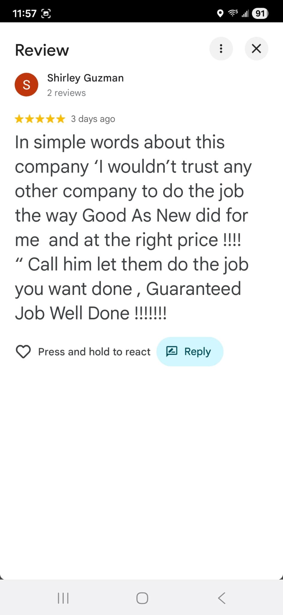 Google review from Shirley Guzman