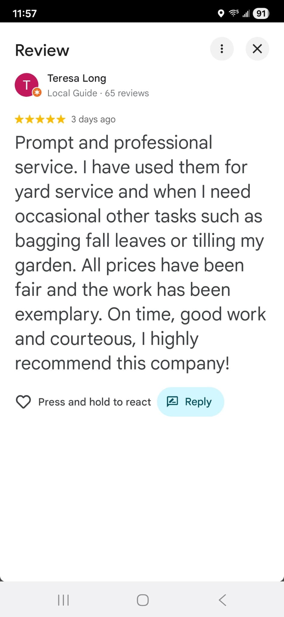 Google review from Teresa Long