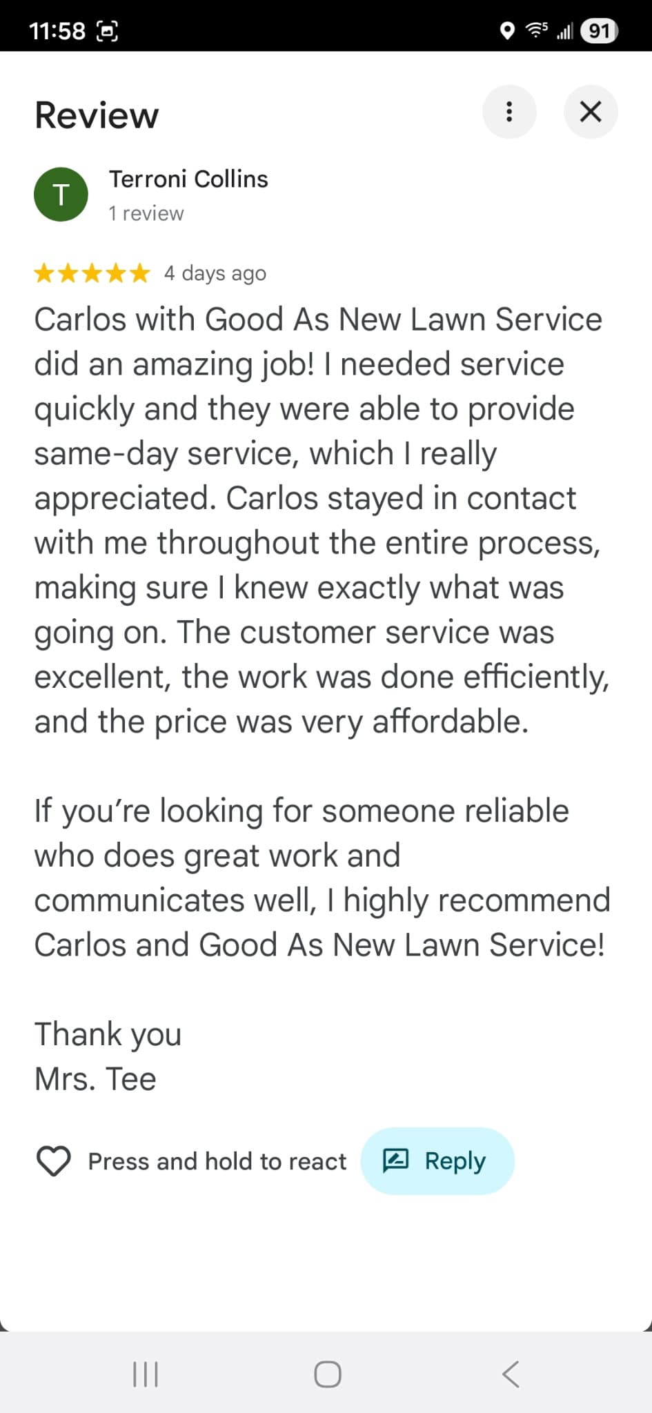 Google review from Terroni Collins