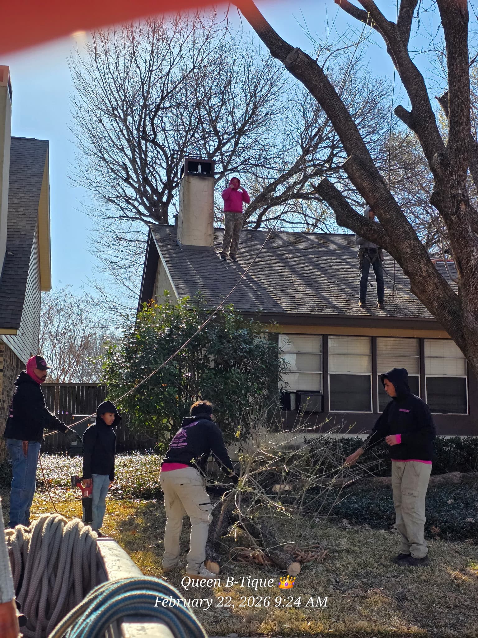 Crew removing branches from roof